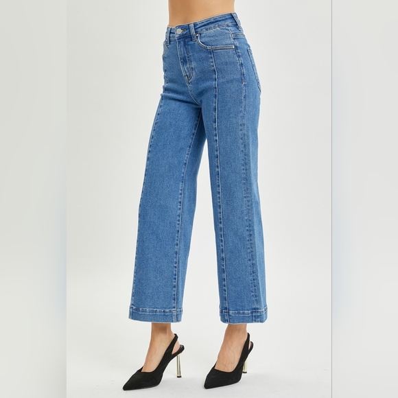 RISEN High-Rise Waist Blue Jeans Retro Wide Leg Front Seam Boyfriend Denim Pants - Picture 8 of 16